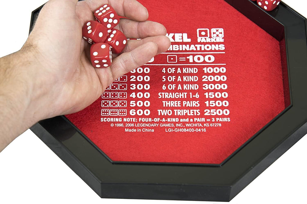Farkel Juego con bandeja rodante de dados de lujo, canal integrado de recolección de dados, 2 juegos de dados, marcador de 40 hojas, juego familiar clásico
