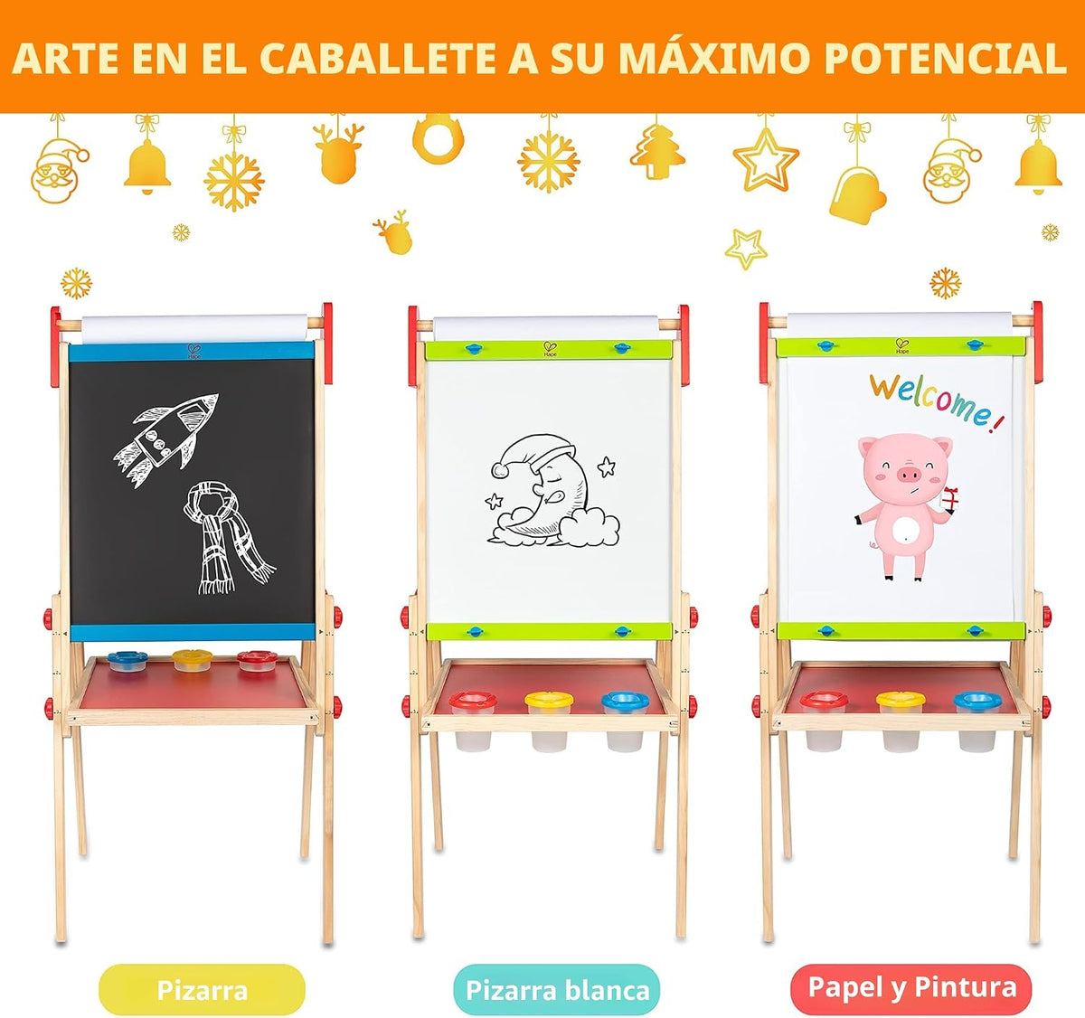 Caballete de madera para niños con rollo de papel y accesorios Hape All-in-One