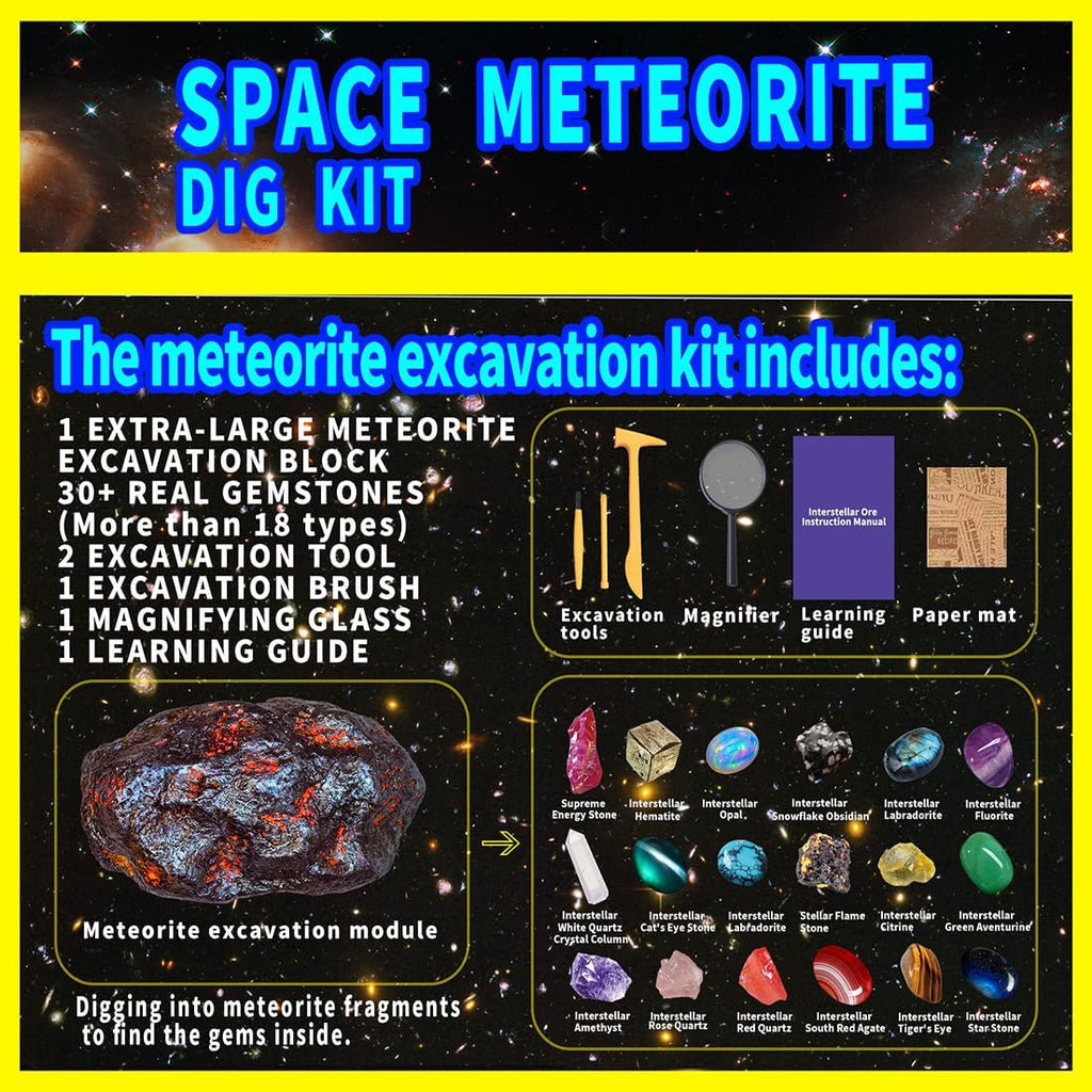 Kit de excavación de piedras preciosas de meteoritos y espacios: desenterrar más de 30 piedras preciosas y cristales reales, kit de ciencia para niños, kit de excavación de gemas, regalo para niñas y