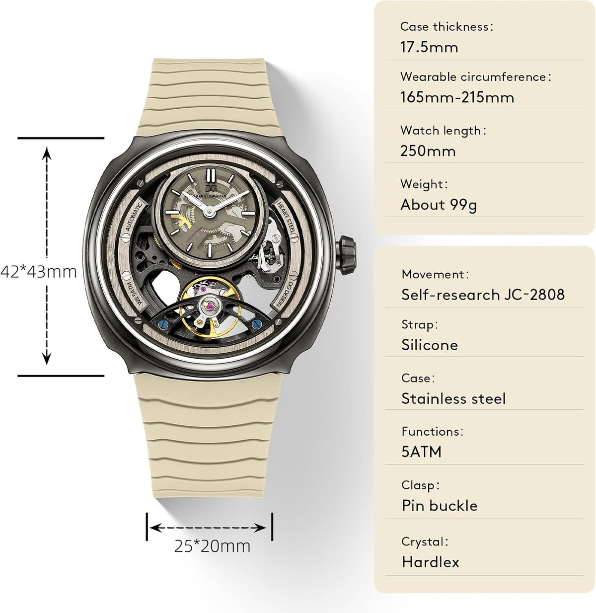 Reloj mecánico automático para hombre 1.693 in banda de silicona plateada