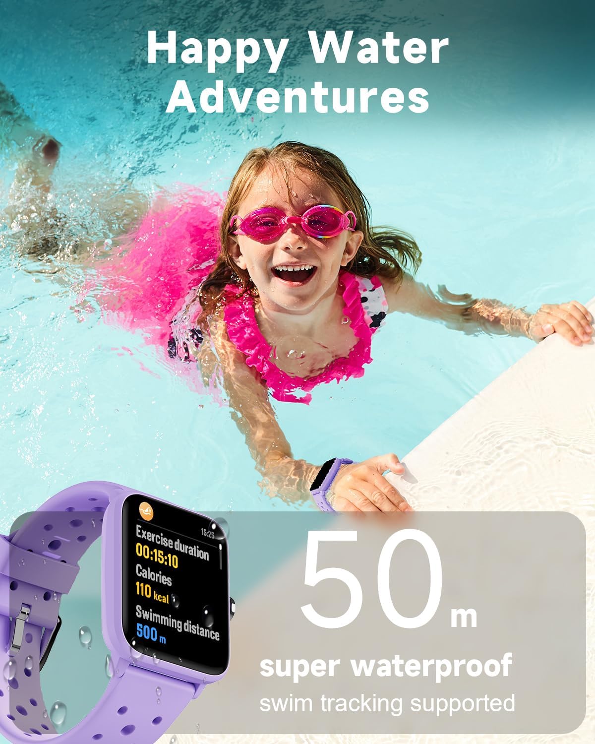 BIGGERFIVE Reloj inteligente para niños sin aplicación, podómetro, ritmo cardíaco, impermeable 5 ATM, monitor de sueño, contador de pasos de calorías, juegos, reloj despertador para niñas de 5 a 14, lila poroso