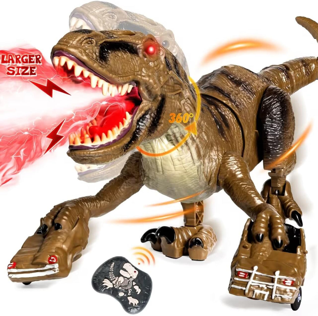 Juguetes de dinosaurio con control remoto para niños, juguetes de dinosaurio robot grandes con cabeza que se balancea 360° y rociador, dinosaurio T-Rex realista que camina y ruge, juguete de