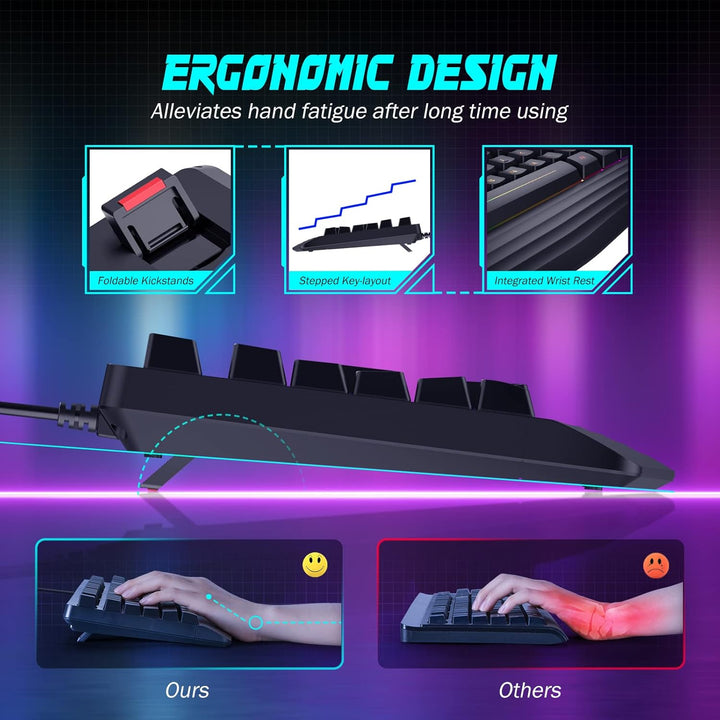 yesbeaut Teclado para juegos, retroiluminación LED arcoíris de 7 co...