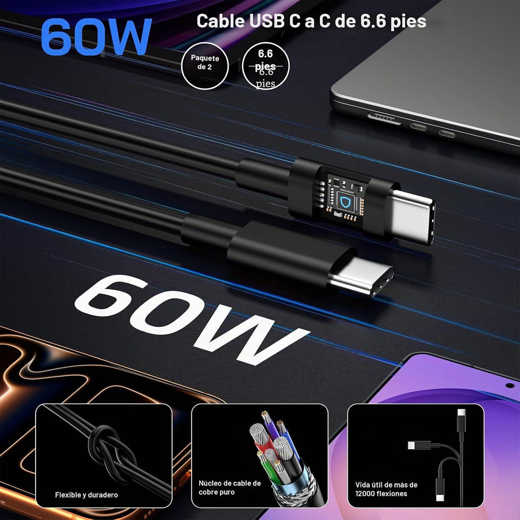 Cargador USB C de 60 W, cargador súper rápido de 60 vatios tipo C con 2
