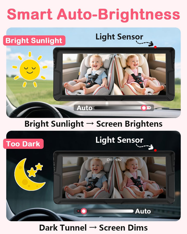 Rohent Cámara dual para automóvil de bebé para 2 niños: pantalla di...