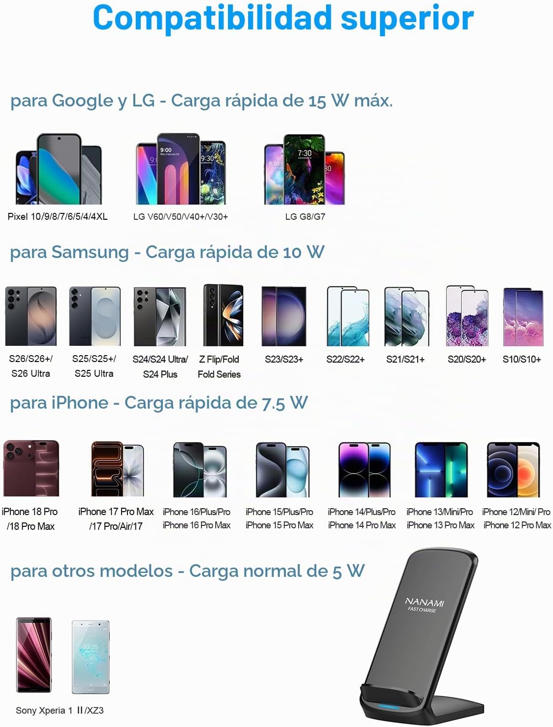 NANAMI Cargador rápido, soporte de carga inalámbrico máximo de 15 W con
