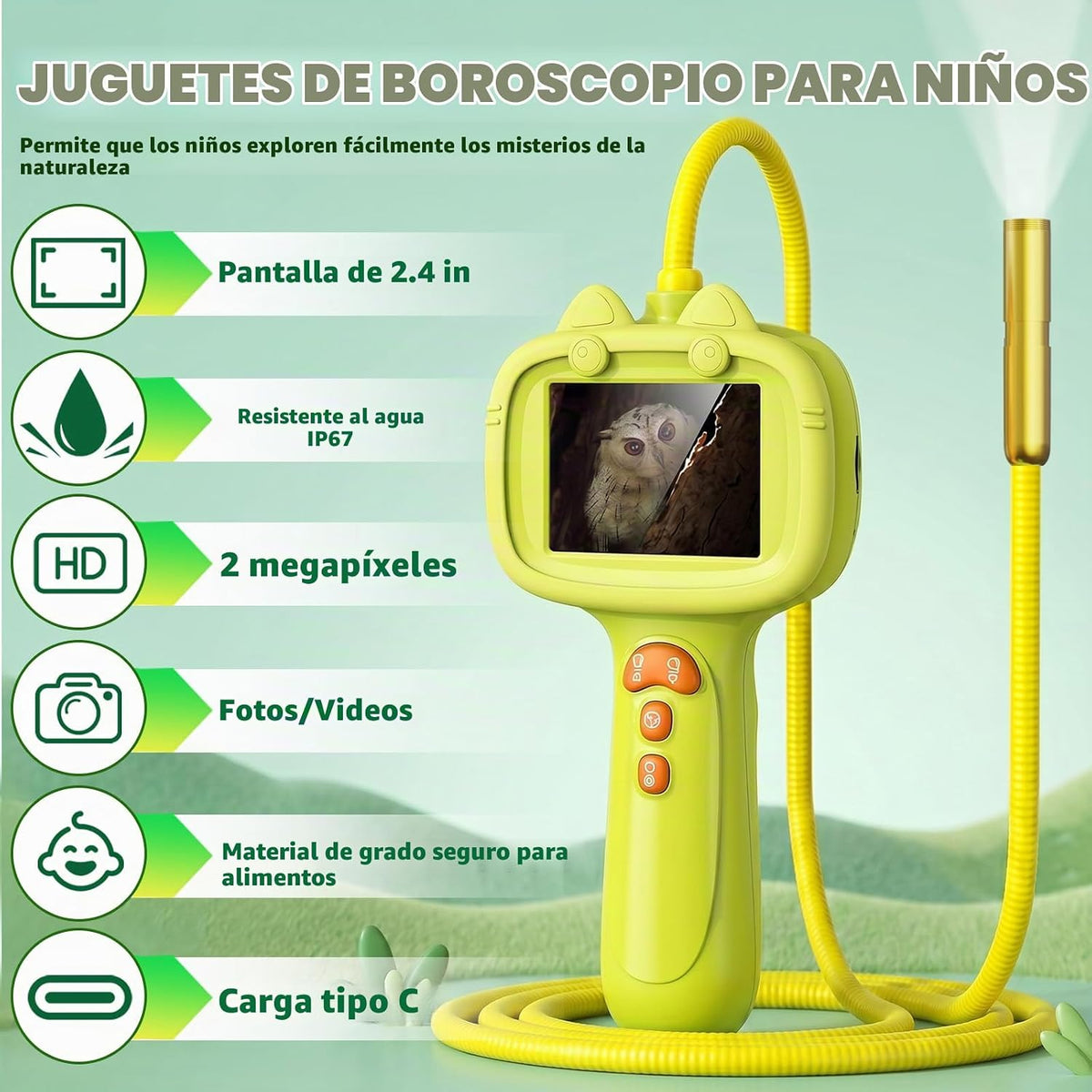 Cámara de boroscopio para niños con luz, juguete educativo de ciencia STEM para niños y niñas de 3, 4, 5, 6, 7, 8 años, regalo de cumpleaños, descubrimiento y exploración, batería flexible de alcance