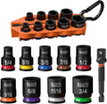 Klein Tools 33809 Juego de zócalos de impacto para llevar, SAE, juego de 10 piezas con funda, mosquetón y accionamiento de 3/8 pulgadas, zócalos codificados por color de 1/4, 5/16, 3/8, 7/16, 1/2, 9
