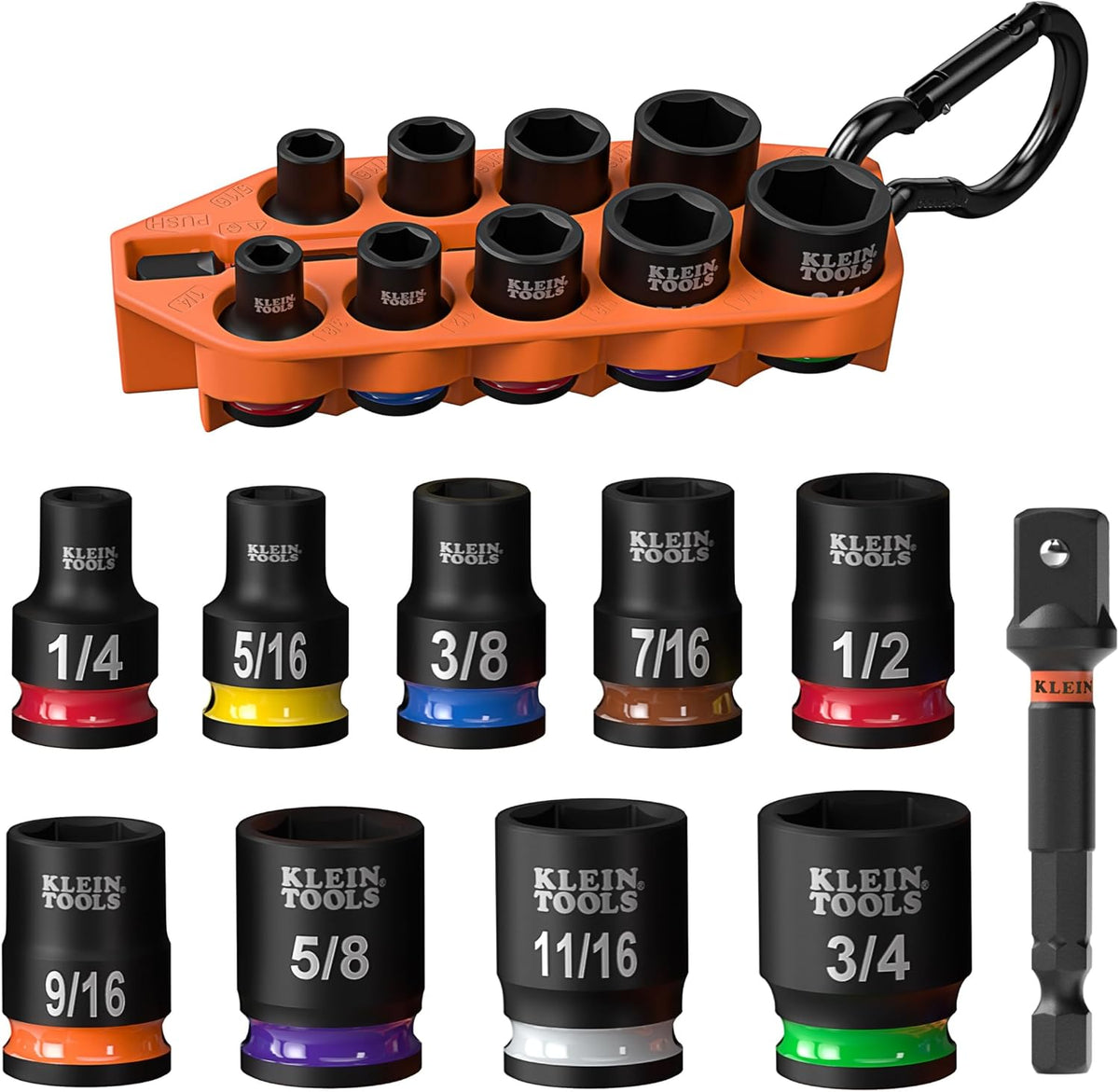 Klein Tools 33809 Juego de zócalos de impacto para llevar, SAE, juego de 10 piezas con funda, mosquetón y accionamiento de 3/8 pulgadas, zócalos codificados por color de 1/4, 5/16, 3/8, 7/16, 1/2, 9