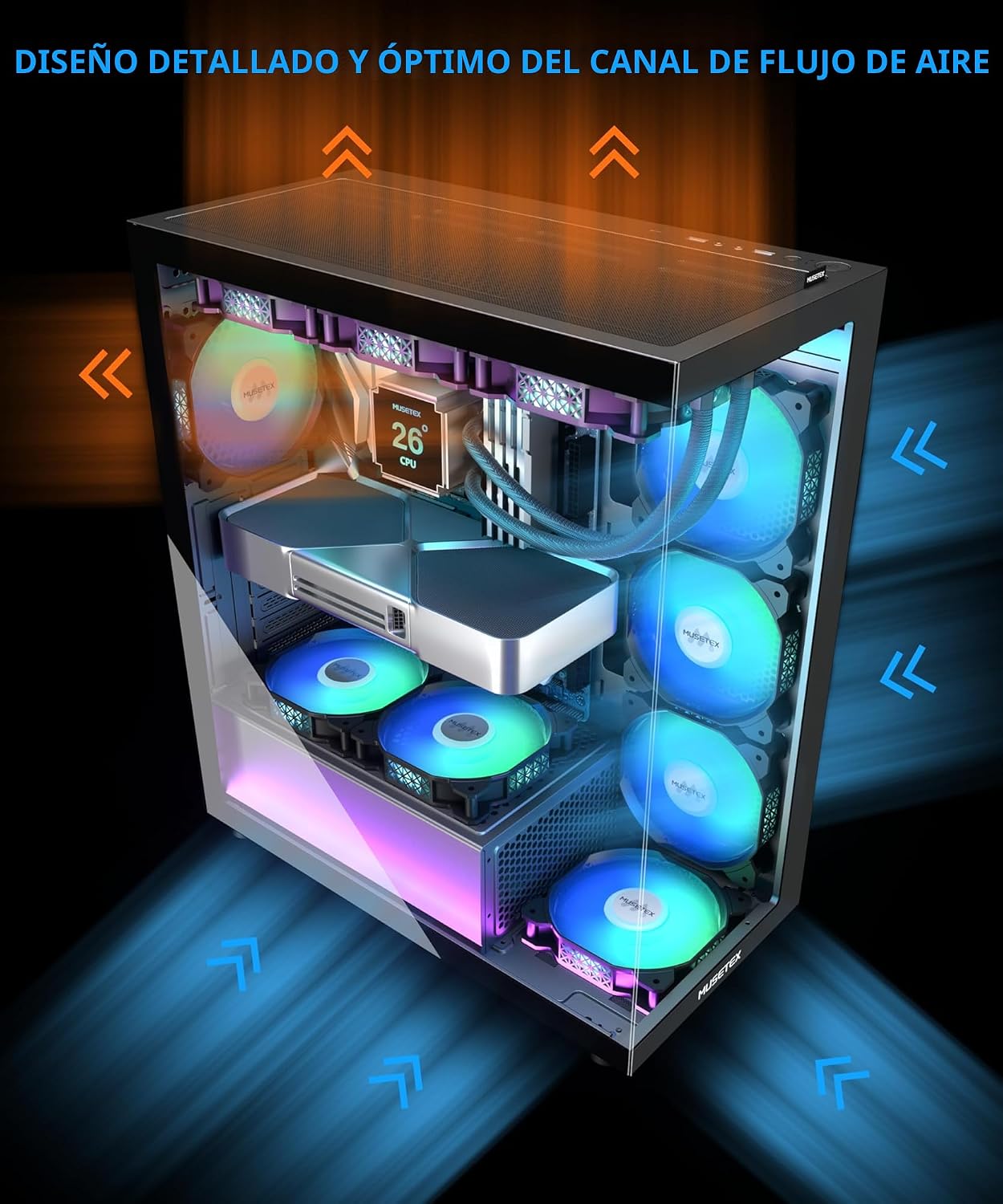 MUSETEX Carcasa ATX para PC, 7 ventiladores PWM ARGB preinstalados,...