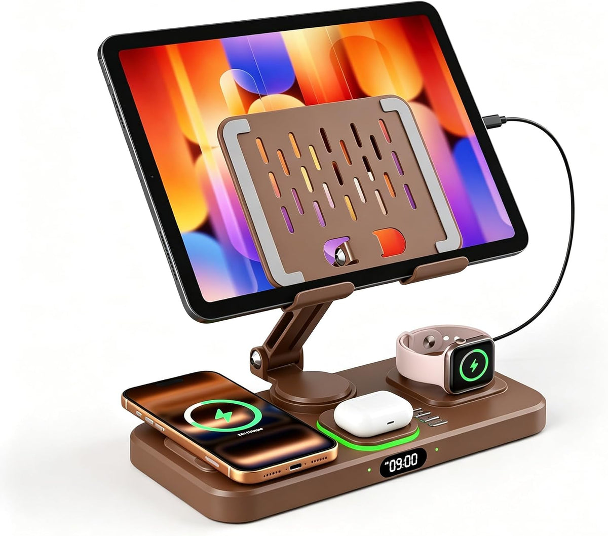 Estación de carga magnética para múltiples dispositivos Apple, cargador inalámbrico con reloj y luz, soporte de carga plegable con cable para iPad/Tab, cargador seguro para iPhone 17, para Apple Watch