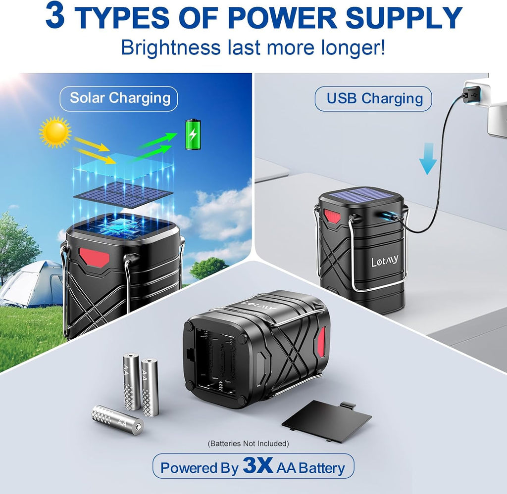 Lámpara LETMY Paquete de 4 linternas de campamento, linternas LED recargables, faroles solares con batería para huracanes con 3 vías de alimentación y cable USB para emergencias, cortes de energía