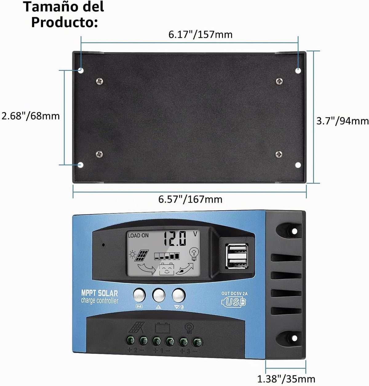 Controlador de carga de panel solar MPPT de 60 A, controlador de cargador de batería solar automático de 12 V/24 V con pantalla LCD, puerto USB dual y temporizador de ajuste de horas de