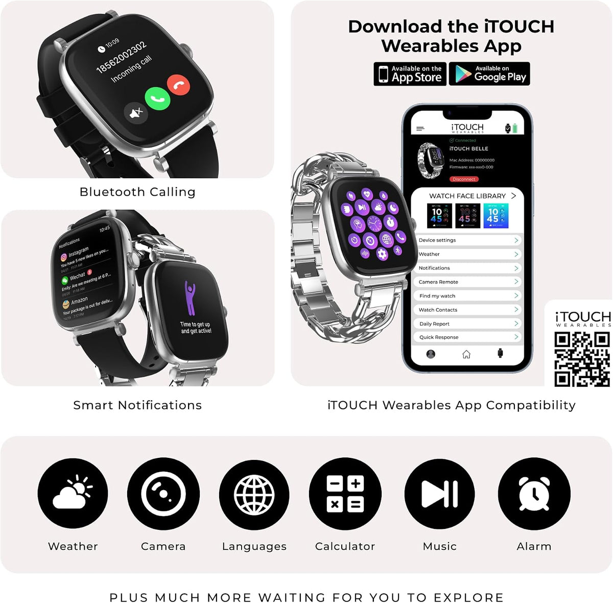 iTouch Belle - Reloj inteligente para mujer, pantalla AMOLED de 1.75 pulgadas, rastreador de actividad física con llamadas Bluetooth, frecuencia cardíaca y seguimiento del sueño, más de 60 modos deportivos, reloj inteligente impermeable IP68 para Android