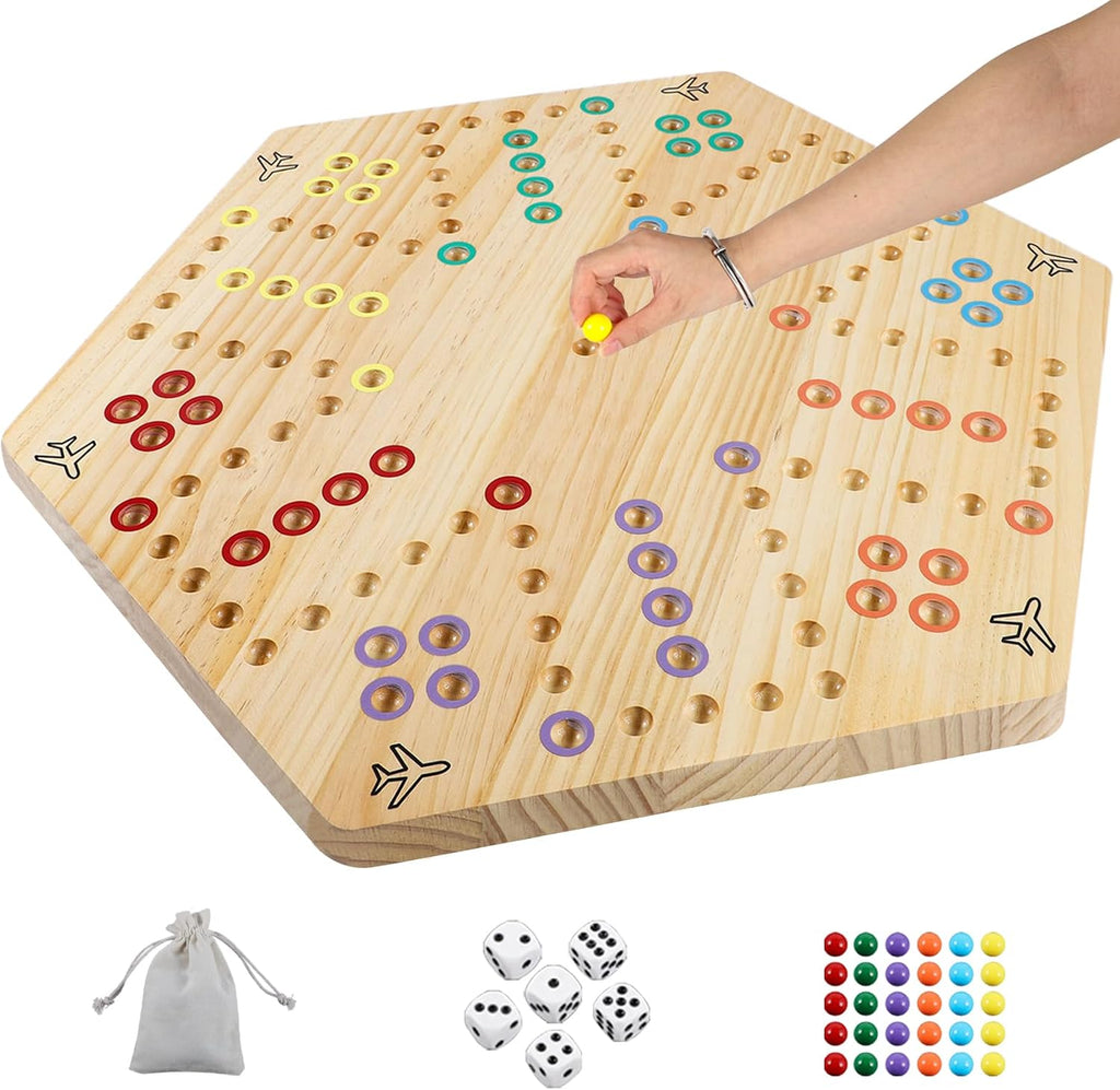 HOROW Wahoo - Juego de mesa original de madera de 23.6 pulgadas, clásico juego de pista rápida pintado de 2 lados para 4 jugadores y 6 jugadores con 30 canicas, 6 dados para noche de juegos familiares (extra grande)