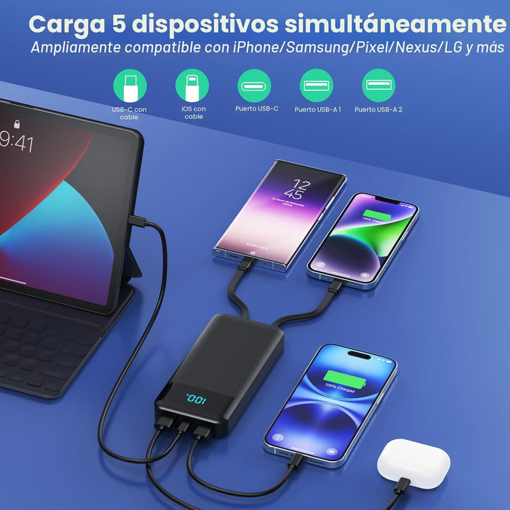Banco de Energía Cargador Portátil 40800mAh con 3 Cables Integrados...