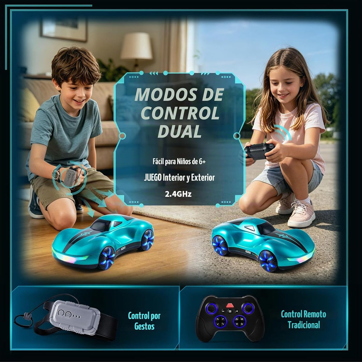 Coche de Control Remoto con Detección de Gestos con Garaje Cubierta Antipolvo con Pantalla, Coches de Acrobacias RC de Deriva Recargables USB-C con Luz LED|Rociador|Sonido 2.4GHz Juguete para Niños