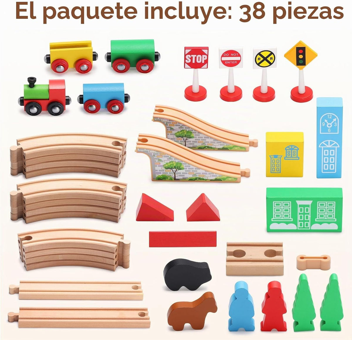 SainSmart Jr. Juego de Tren de Madera para Niños Pequeños con Vías de Tren de Doble Cara Compatible con Brio, Thomas, Melissa y Doug, Tren de Juguete de Madera Infantil para Niños y Niñas de 3, 4, 5