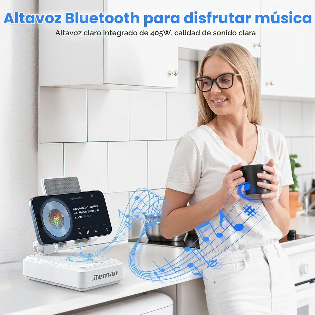 Jteman Soporte para teléfono móvil con altavoz Bluetooth y cargador inalámbrico