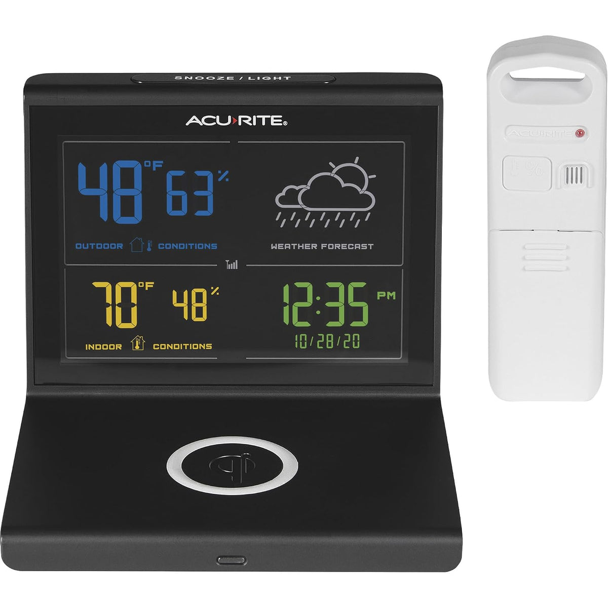 AcuRite Pronosticador de tiempo con almohadilla de carga inalámbrica, reloj despertador con temperatura y humedad interior/exterior y calendario (01193M), color negro