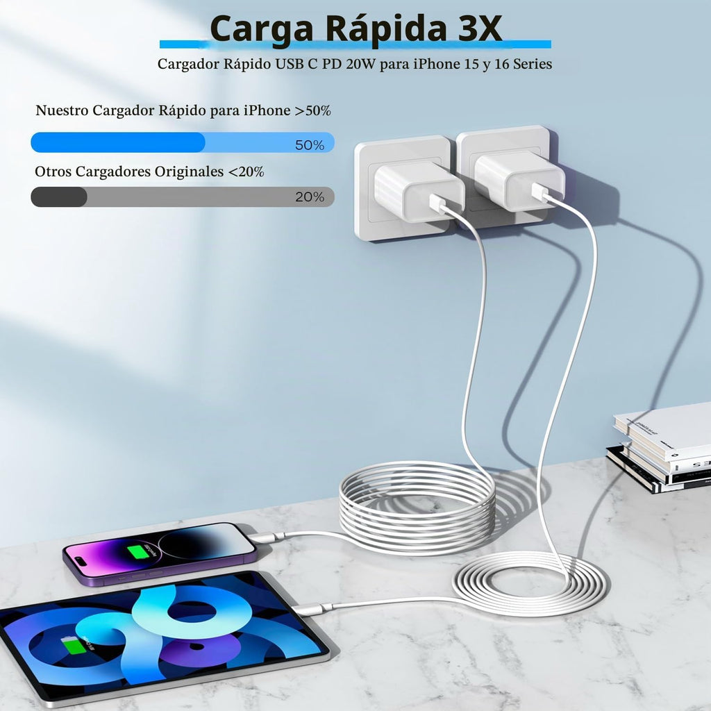 [Certificado MFi de Apple] Cable largo USBC a USBC de 10 pies de carga rápida para iPhone 17/16e/15, paquete de 3 bloques de carga rápida de teléfono Apple de 20 W, cable tipo C de 10 pies para iPhone 17 Air/17/16/15 Pro/Pro Max/iPad Pro/AirPods