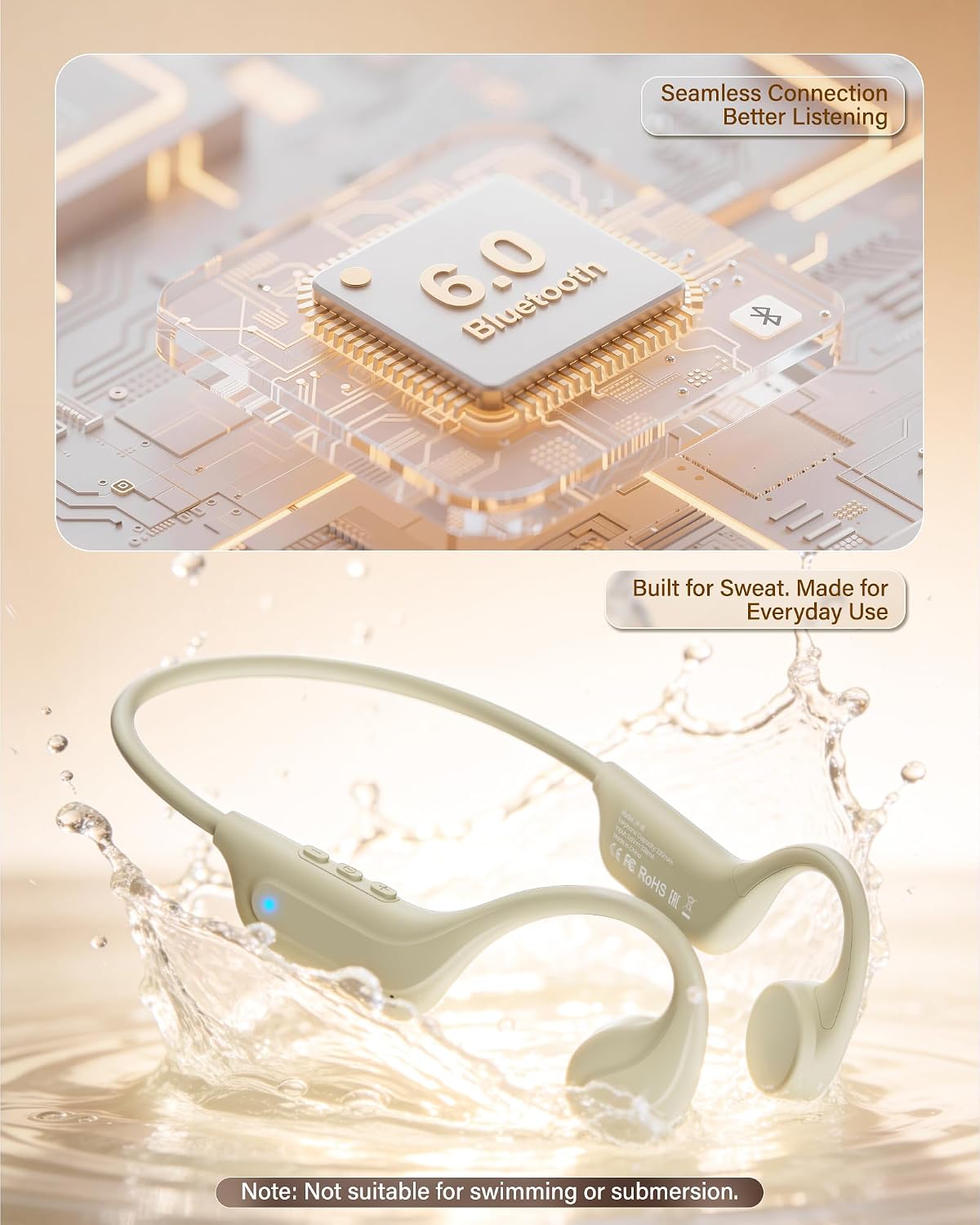Nuevos auriculares de conducción ósea Bluetooth 6.0, auriculares de oreja abierta con micrófono, sonido premium, 3 modos de ecualización, tiempo de reproducción de 10 horas, 0.88 oz ligeros