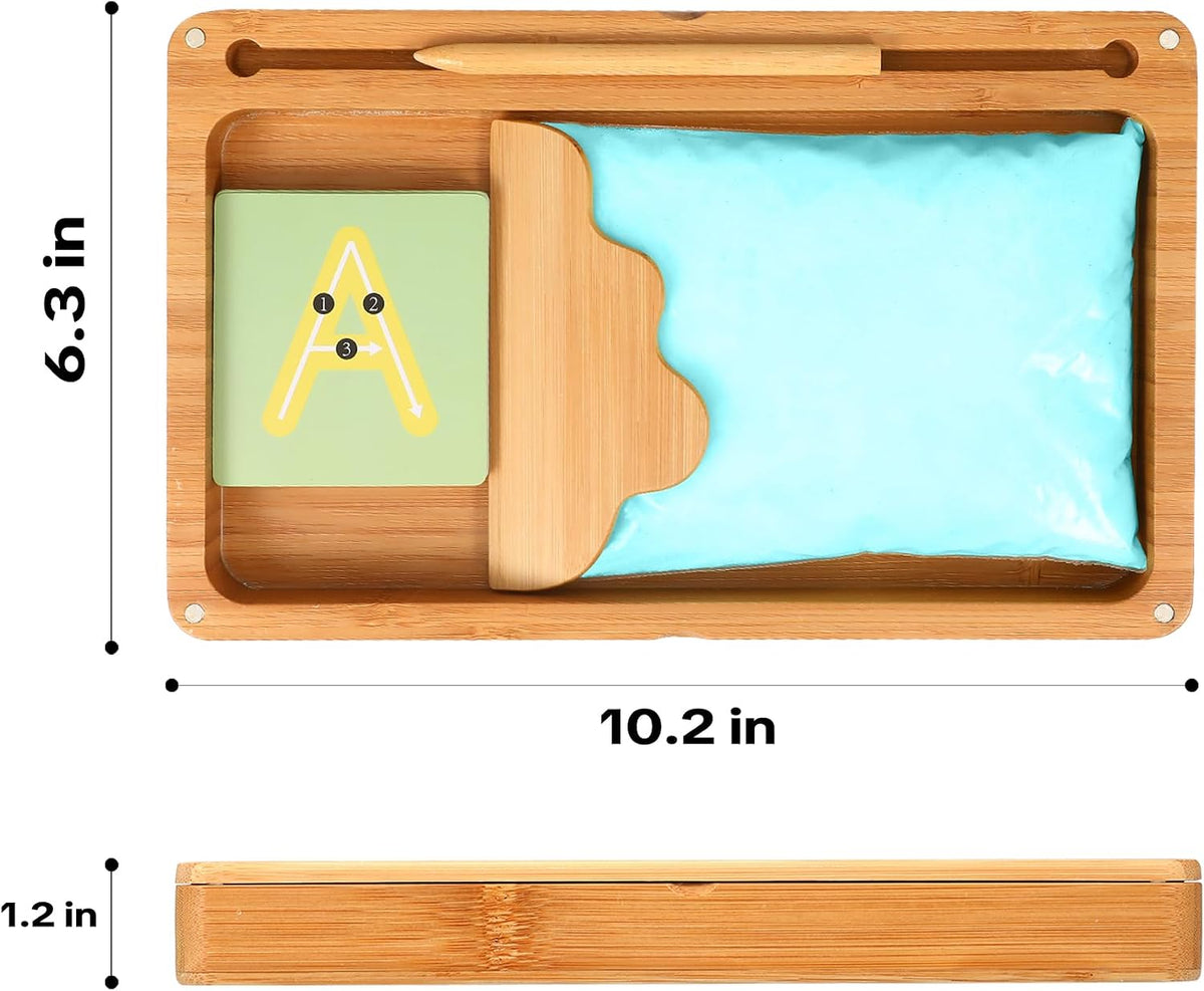 AtMini Bandeja de arena para aula, bandeja de arena Montessori con tapa, bandejas de arena de madera para niños, letras y números (azul)