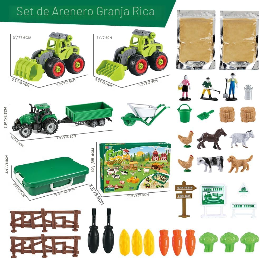 FRUSE Juguetes sensoriales de granja con kit de arena y tractor para niños