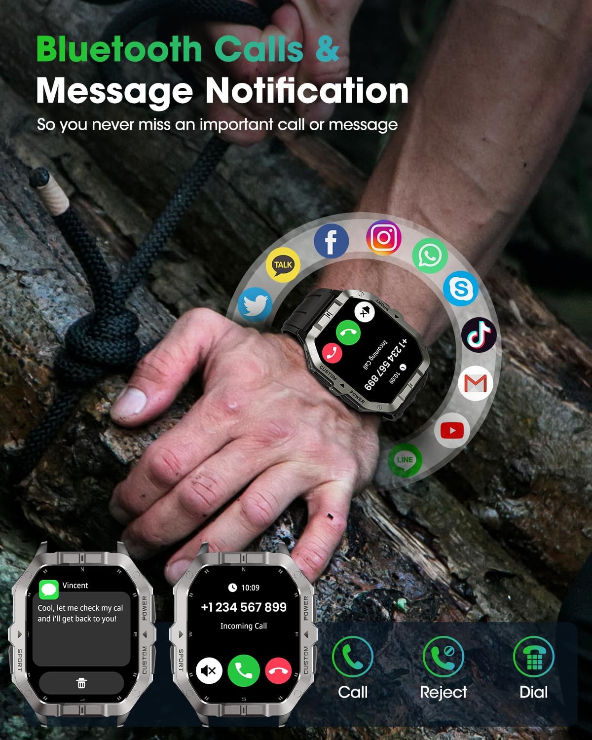 Reloj inteligente militar GPS integrado, llamadas Bluetooth, para iPhone y