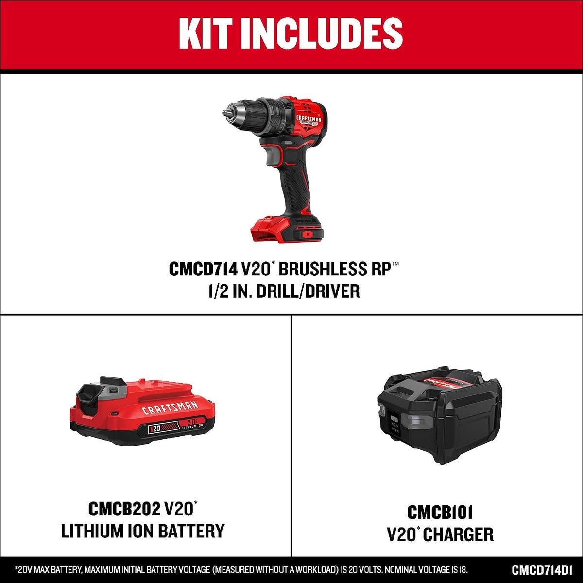 CRAFTSMAN V20 BRUSHLESS RP Taladro Atornillador, Batería y Cargador (CMCD714D1)