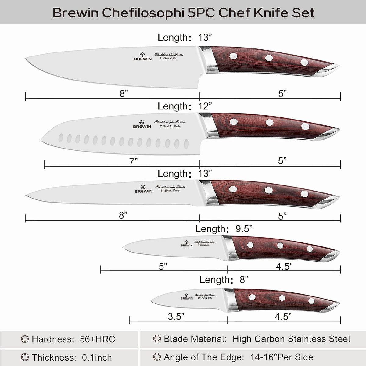 Brewin CHEFILOSOPHI - Juego de 5 cuchillos de chef japoneses con elegante mango de madera de Pakka roja, diseño ergonómico, cuchillos de cocina profesionales ultra afilados para cocinar acero