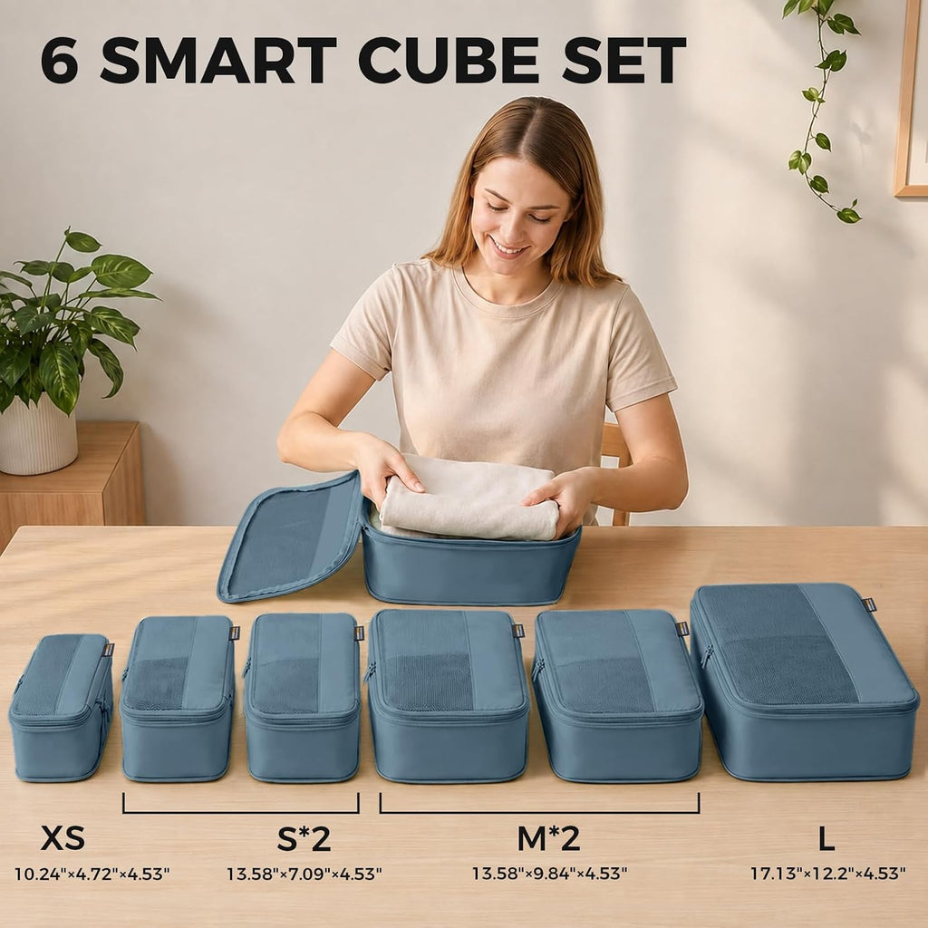 Cubos de embalaje de compresión para viajes, juego de 4 cubos de embalaje ligeros para maletas y mochilas, organizador que ahorra espacio para ropa, Gris Azul 6, Paquete de 6