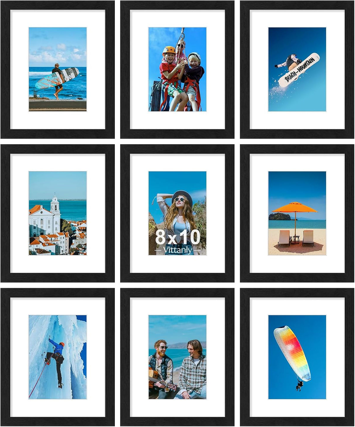 Juego de 9 portarretratos, plexiglás resistente a rupturas, exhibe fotos de 8 x 10 pulgadas o, con paspartú, de 5 x 7 pulgadas, marcos para pared o mesa, madera contrachapada, negro