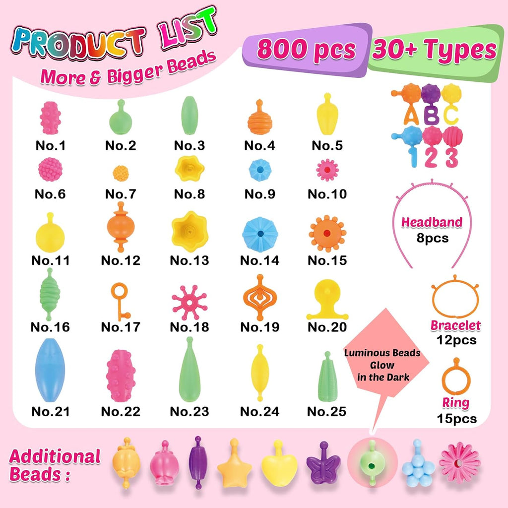 850 cuentas pop – Kit de fabricación de joyas para niñas de 3, 4, 5, 6, 7, 8 años, juguetes de artes y manualidades para niños, collar, pulsera, anillo, banda para el cabello, juego de broches de presión creatividad, regalos de cumpleaños para niños