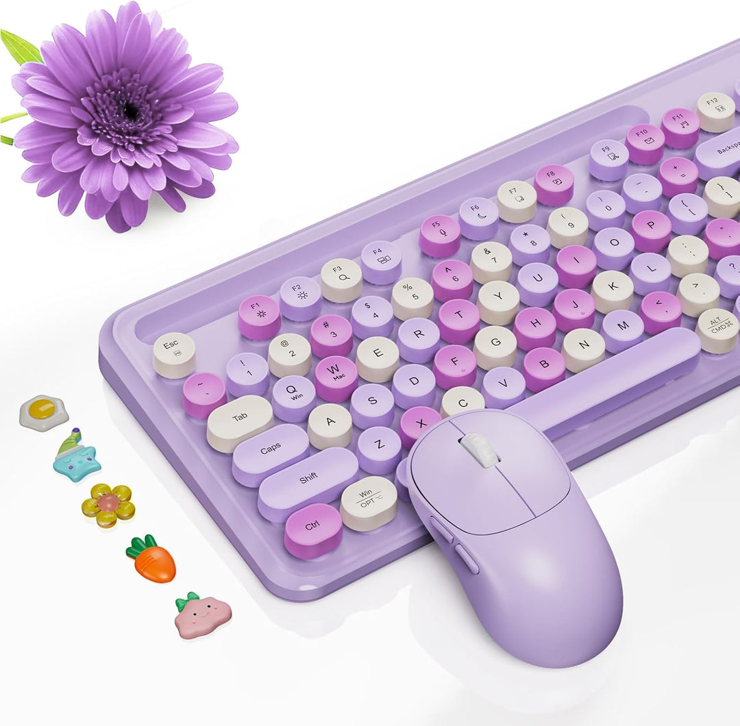 Combo de teclado y mouse inalámbricos, teclas redondas retro, tecla...