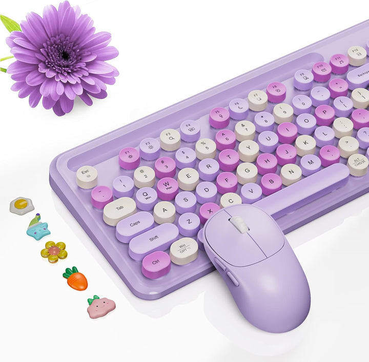 Combo de teclado y mouse inalámbricos, teclas redondas retro, tecla...