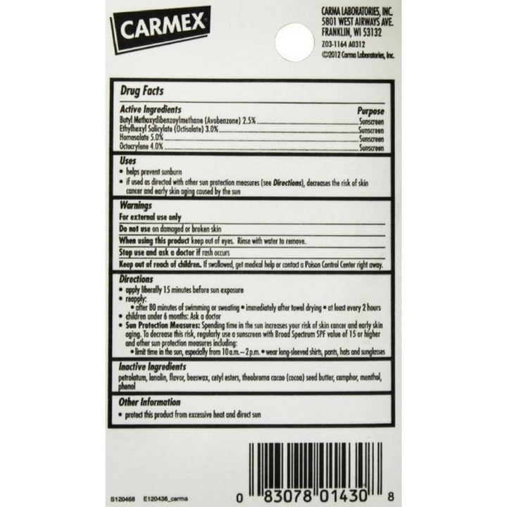 Carmex Bálsamo labial hidratante SPF 15 cereza 0.35 oz (paquete de 6)