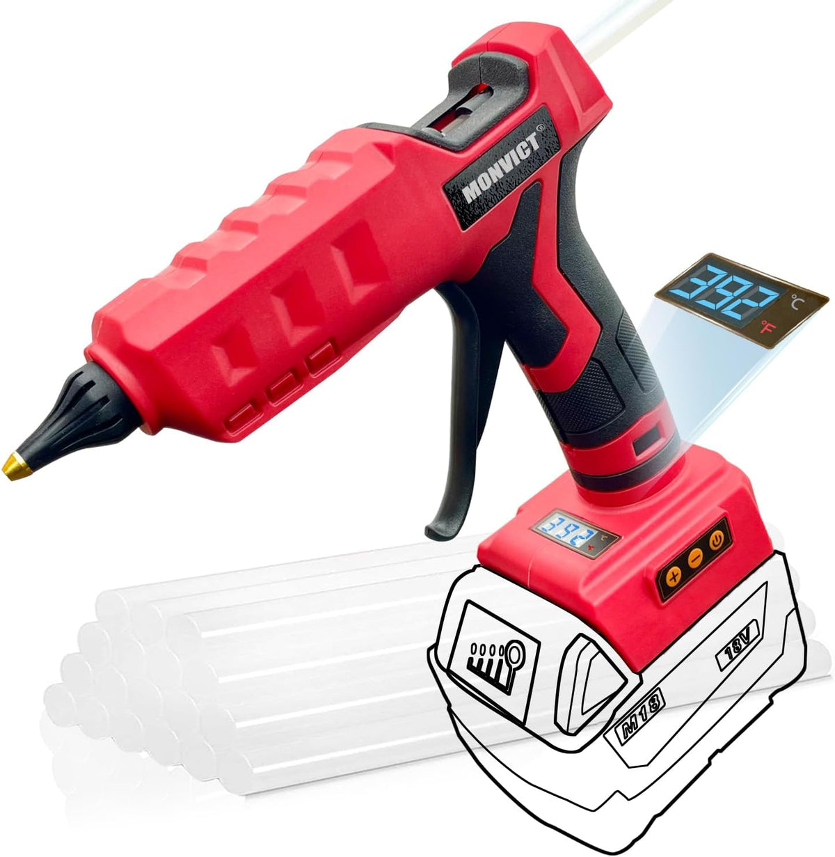 Pistola de pegamento caliente de 100W inalámbrica para batería Milwaukee 18V, pistola de pegamento caliente eléctrica portátil de tamaño completo de alta resistencia con temperatura digital