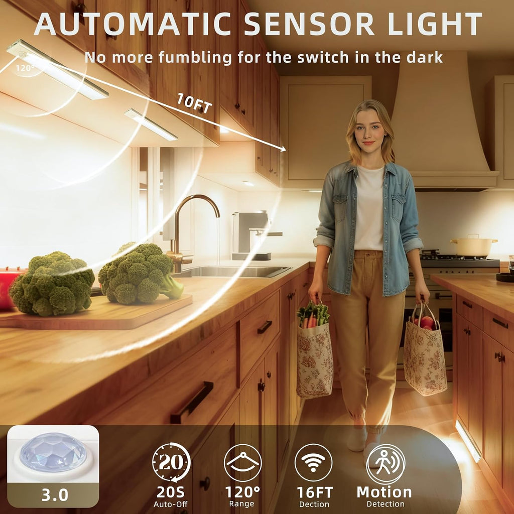 Paquete de 4 luces para debajo del gabinete, luz recargable con sensor de movimiento para interiores, luces magnéticas inalámbricas regulables, 32 luces LED debajo de la encimera para cocina, armario, escaleras, luz cálida