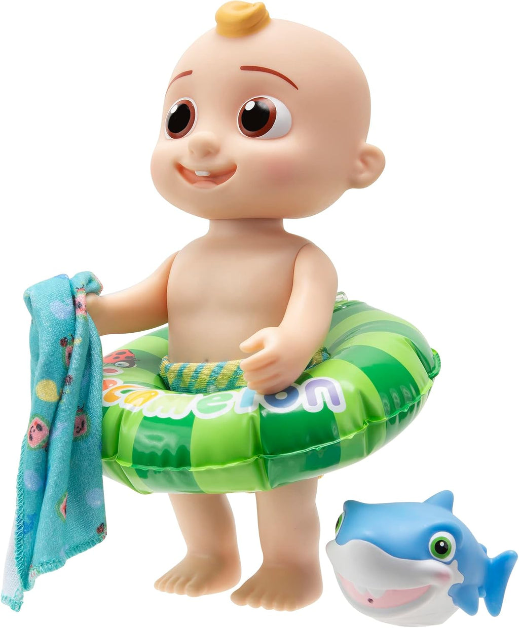 CoComelon - Muñeca JJ Splish Splash - con juguete de baño de tiburón y accesorios acuáticos para jugar con agua - Juguetes para niños y preescolares - Exclusivo de Amazon