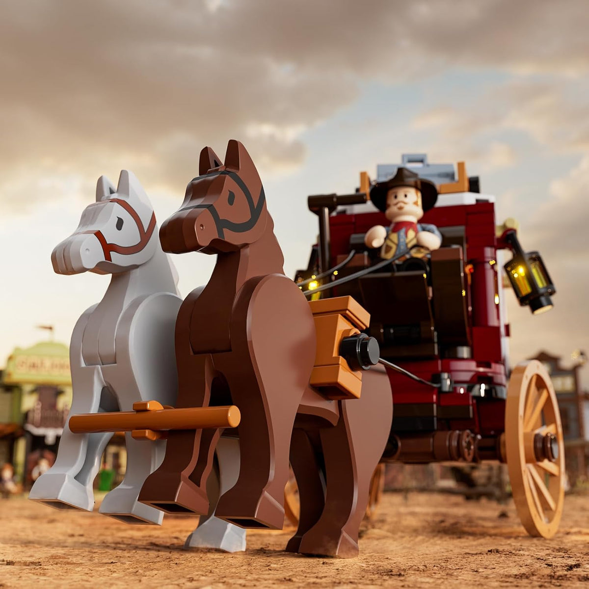 Lámpara Lumibricks Western Stagecoach Lighting - Juego de ladrillos de construcción – Carruaje y caballo del viejo oeste 293 piezas colección juego de exhibición para amantes del oeste