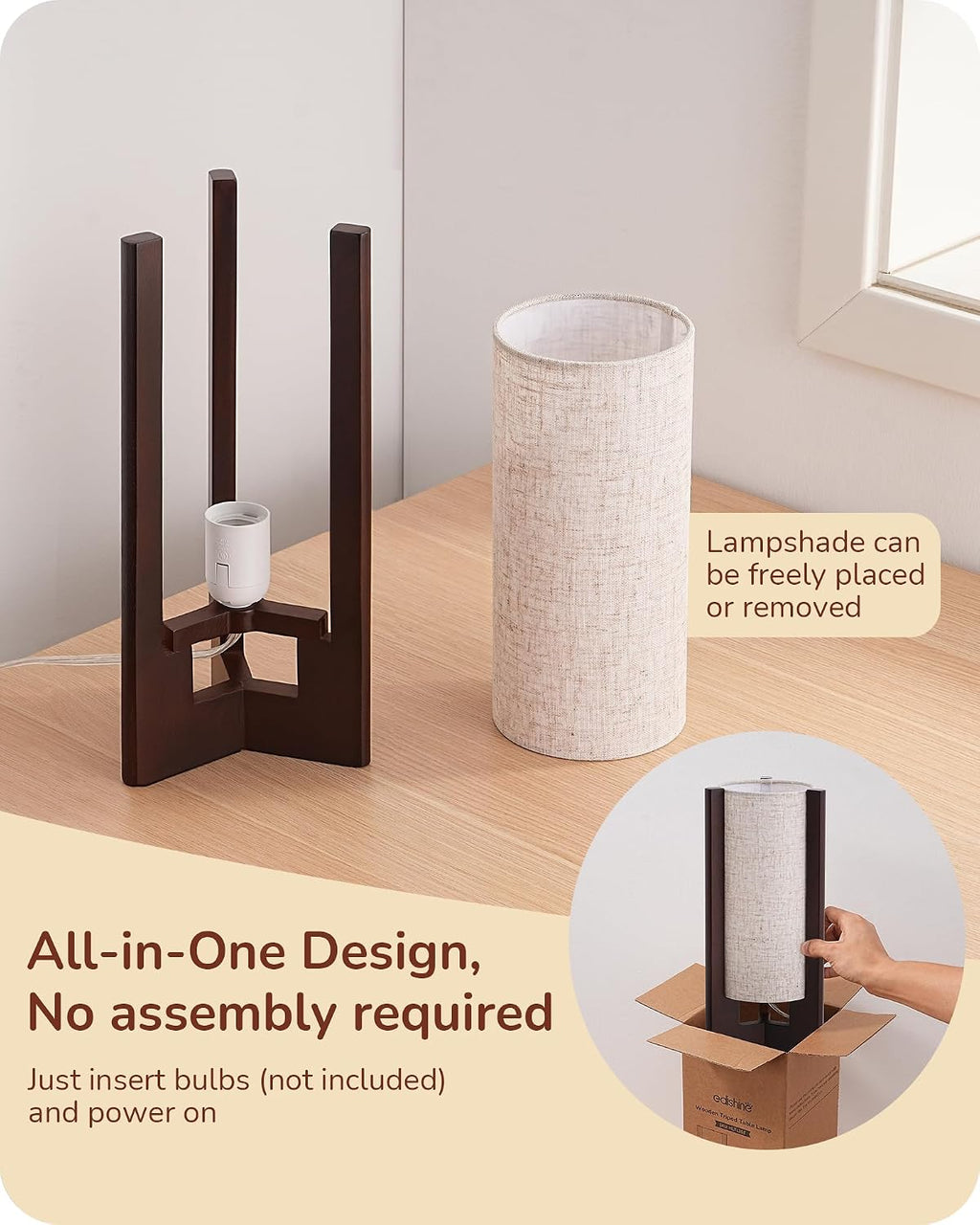 Lámpara EDISHINE Lámpara de mesa de madera, lámpara de noche pequeña de 13.5