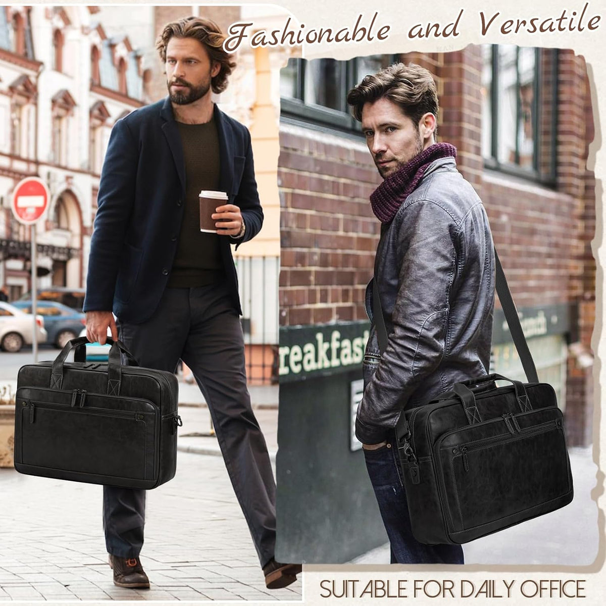 Bolsa de mensajero vintage de cuero RAINSMORE para hombres de 16 pulgadas, maletín para computadora portátil de gran tamaño, bolsa de hombro cruzada para oficina, bolsa estilo retro universitaria para