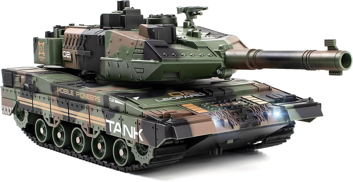 1:24 RC Tank-2.4G Tanque militar con control remoto que dispara BBS con torreta giratoria de 360°, demostración automática, sonido, luz y humo, vehículo militar de escalada todo terreno, juguete de juguete para niños de 8 a 12 años