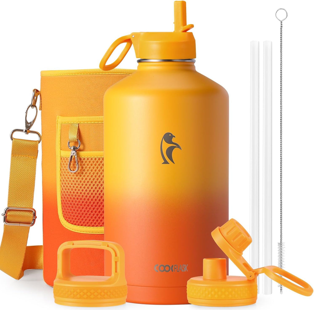 Coolflask Botella de agua de 128 onzas aislada con popote y 3 tapas a