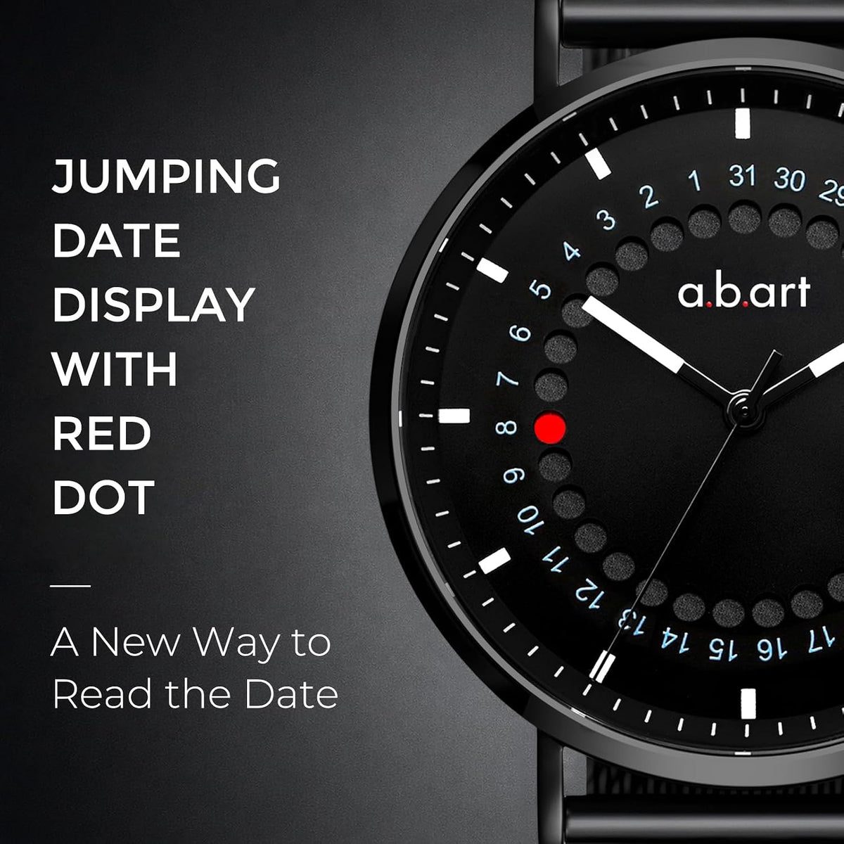 a.b.art Reloj de cuarzo para hombre, movimiento Ronda con piezas suizas, cristal de zafiro, correa de malla milanesa, diseño ultrafino, esfera negra de 41mm, estilo minimalista Bauhaus