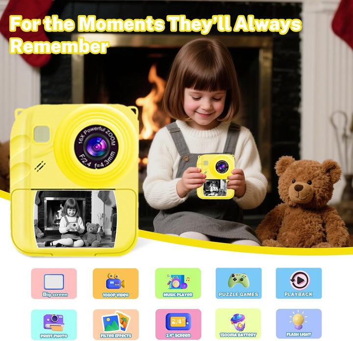 Cámara de impresión instantánea para niños, cámara de video 1080P c...