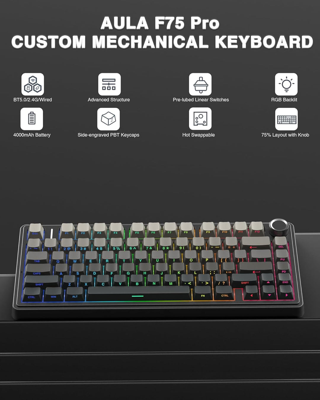 AULA Teclado mecánico inalámbrico F75 Pro, 75% teclado personalizad...