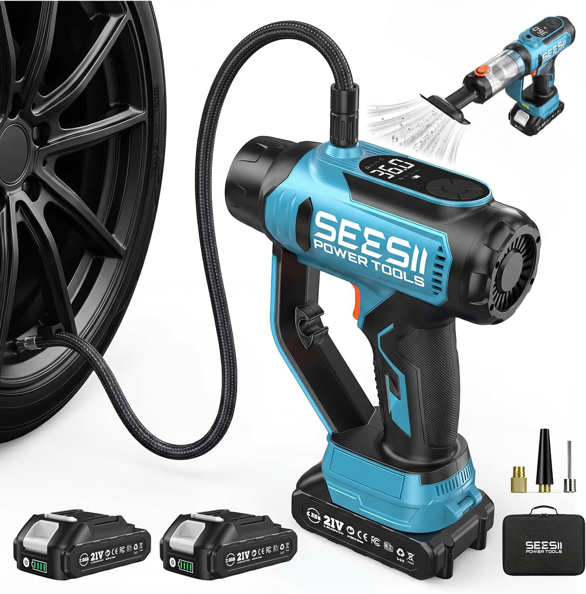 SEESII Inflador de neumáticos 2 en 1 y aspiradora de coche con 2 ba...