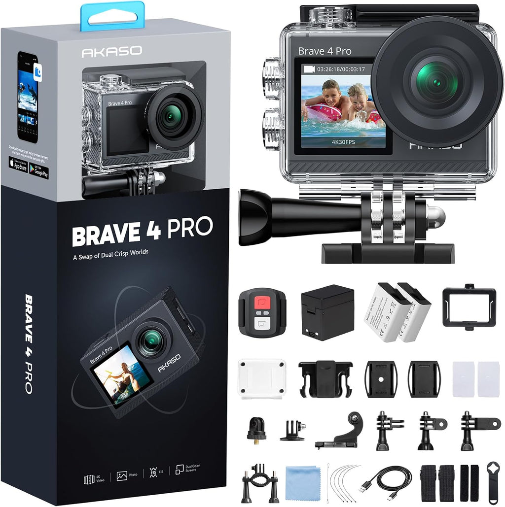AKASO Brave 4 Pro 4K30FPS Cámara de Acción - Videocámara Subacuática de 131 pies Cámara Impermeable con Pantalla Táctil EIS Avanzado Control Remoto Zoom 5X Cámara Subacuática Compatible con Micrófono